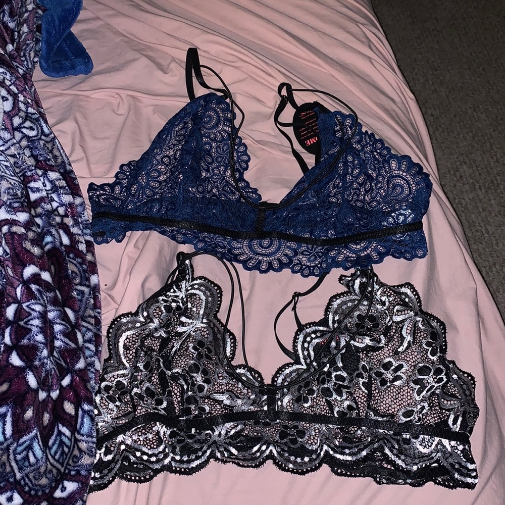 Women Lingerie Lace Bralette Strappy Black and White; Blue and Black Set